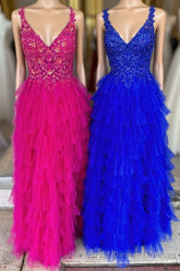 Fuchsia Layers Floral Tulle A-line Long Semi Formal Prom Dress